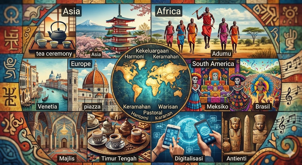 Sebuah kolase ilustrasi komprehensif yang menampilkan ikon budaya global termasuk pagoda Jepang, penari Maasai, kanal Venesia, dan festival Día de los Muertos, mencerminkan keragaman warisan dunia.