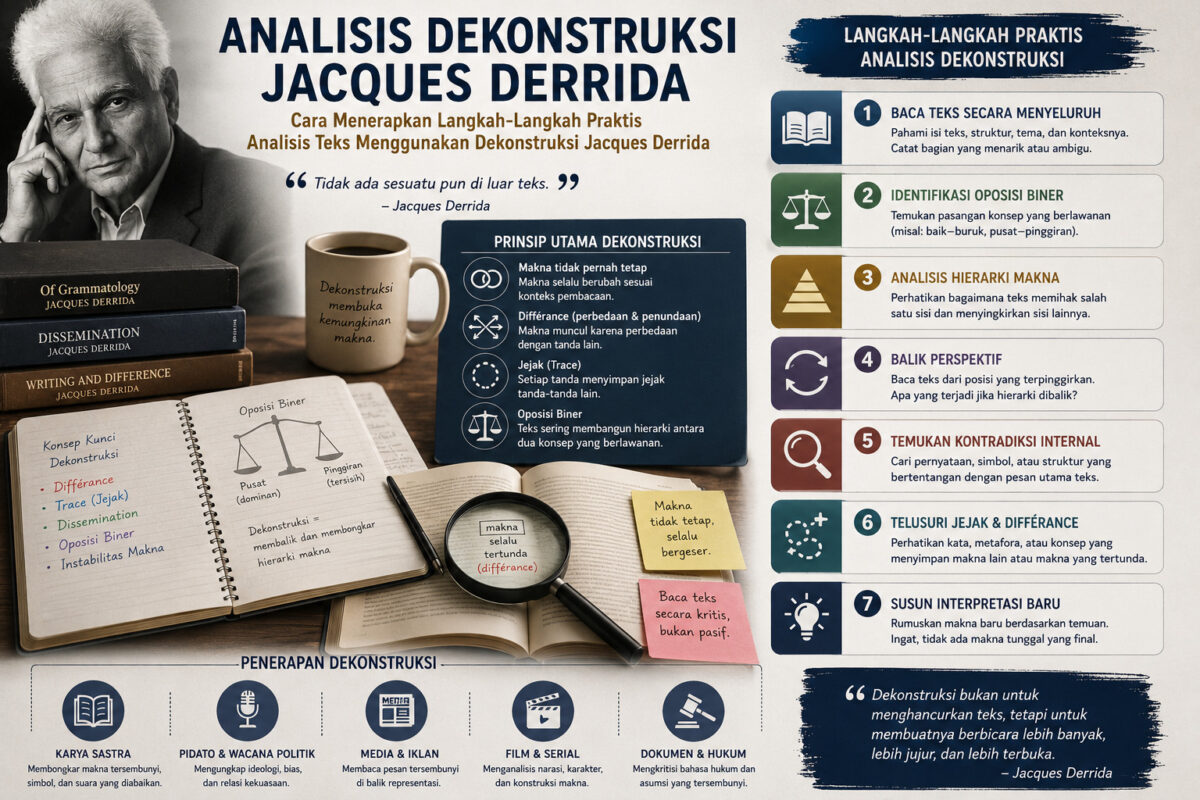 Infografis Analisis Dekonstruksi Jacques Derrida yang menjelaskan konsep dekonstruksi, oposisi biner, différance, dan langkah-langkah praktis menganalisis teks secara kritis.