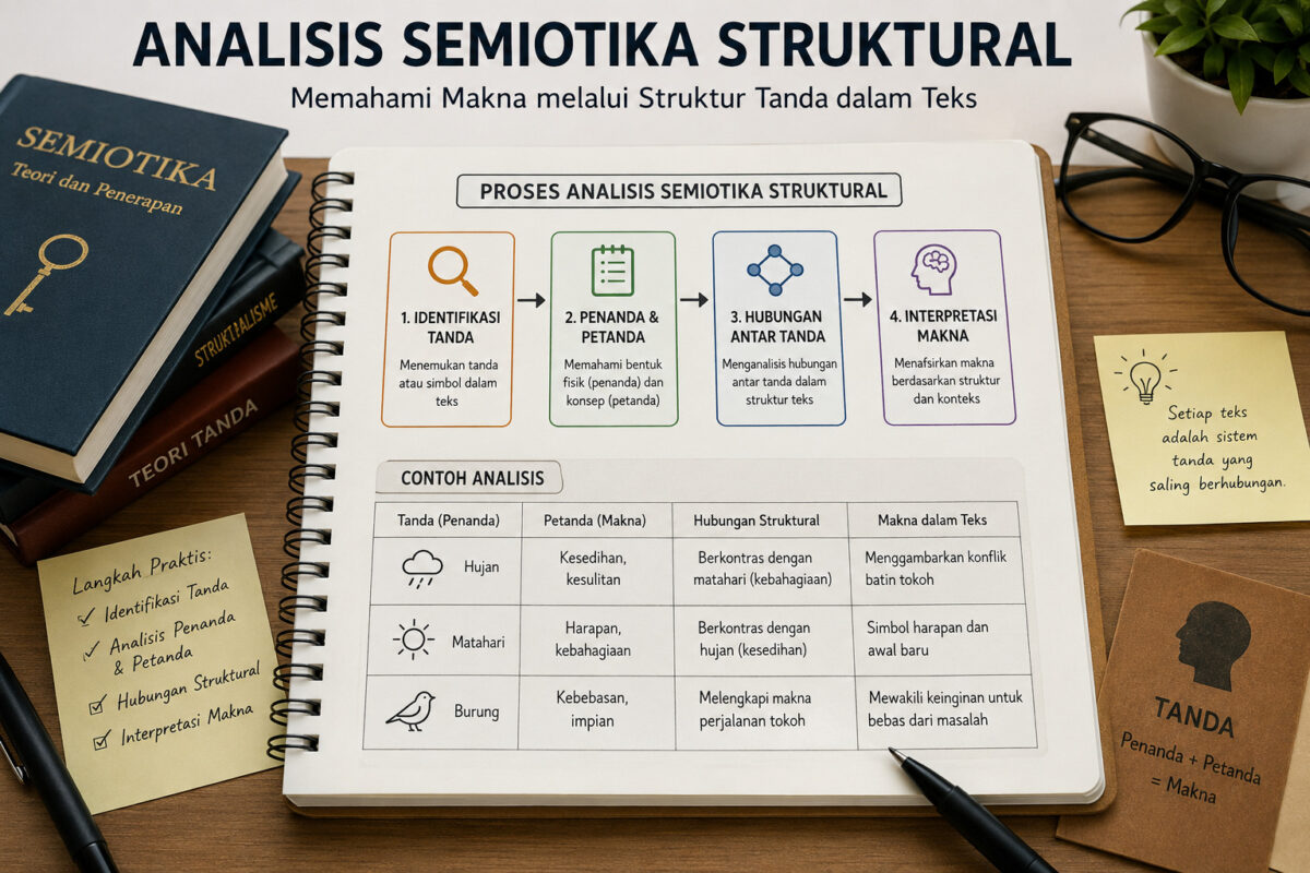 Analisis Semiotika Struktural dalam analisis tekstual menggunakan pendekatan tanda, penanda, petanda, dan interpretasi makna.
