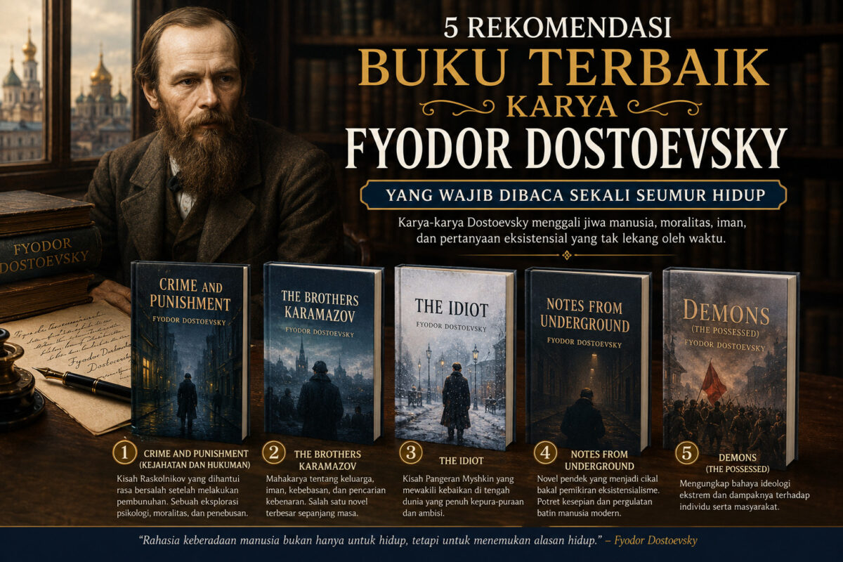 Ilustrasi Buku Terbaik Fyodor Dostoevsky menampilkan potret Fyodor Dostoevsky bersama lima novel terkenalnya, yaitu Crime and Punishment, The Brothers Karamazov, The Idiot, Notes from Underground, dan Demons, dengan latar perpustakaan klasik.