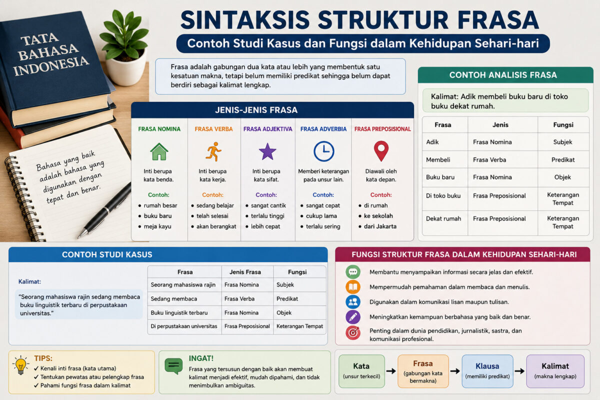 Contoh Sintaksis Struktur Frasa yang menampilkan jenis frasa, fungsi sintaksis, contoh analisis kalimat, dan penerapan struktur frasa dalam bahasa Indonesia.