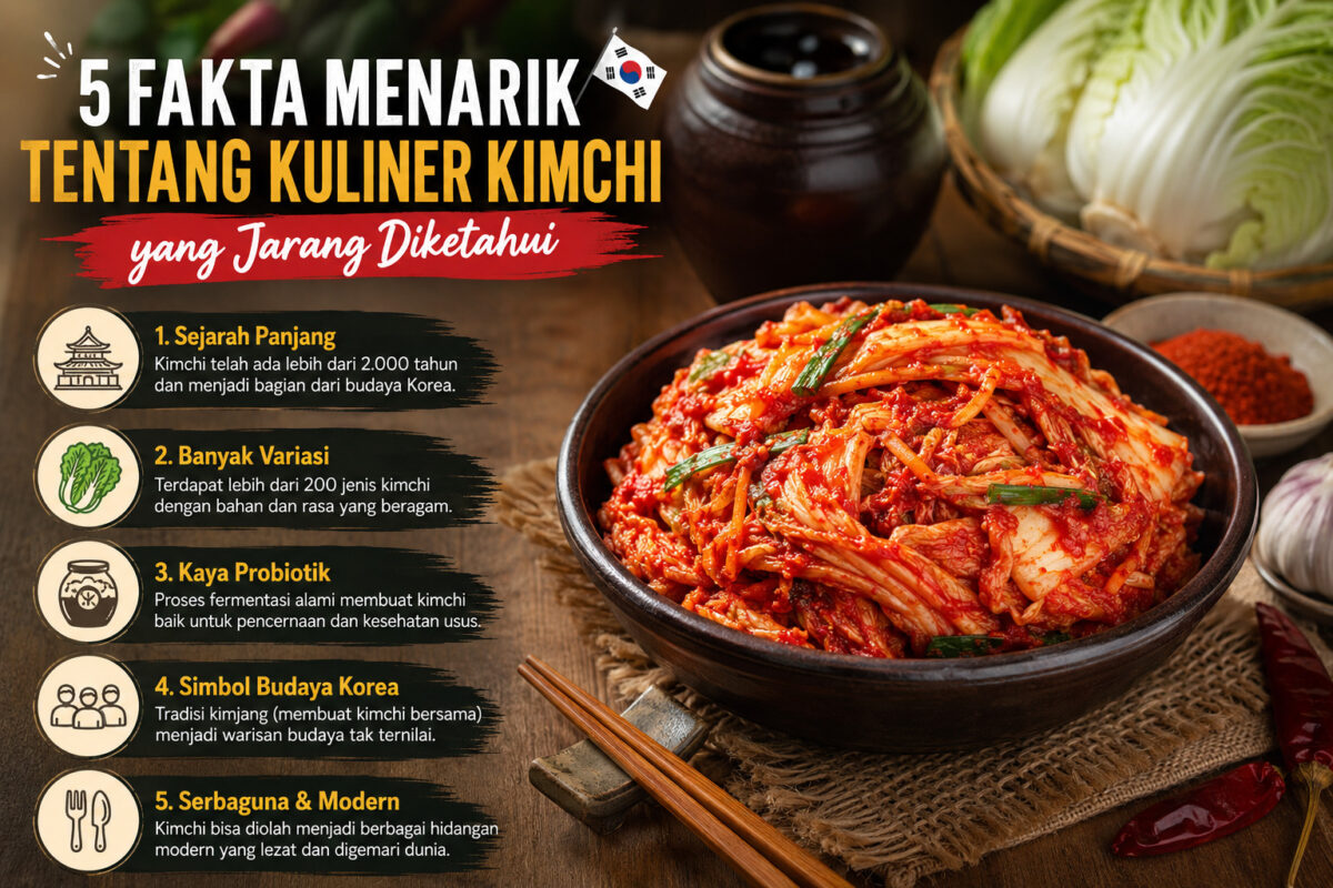 Fakta Menarik Kuliner Kimchi – Ilustrasi kimchi khas Korea Selatan dengan lima fakta unik mengenai sejarah, manfaat probiotik, variasi jenis, budaya Kimjang, dan olahan modern.