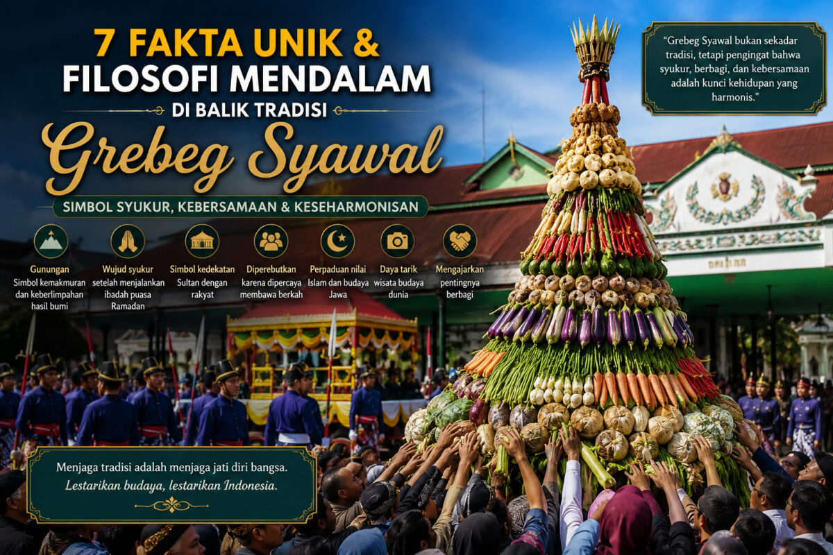 Filosofi Tradisi Grebeg Syawal dengan Gunungan hasil bumi di Keraton Yogyakarta sebagai simbol syukur, kemakmuran, dan pelestarian budaya Jawa.