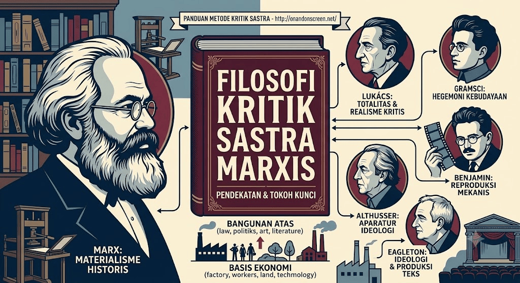 Diagram infografis Filosofi kritik sastra Marxis menampilkan Karl Marx, buku sastra, basis ekonomi, dan tokoh kunci seperti Lukacs dan Gramsci.