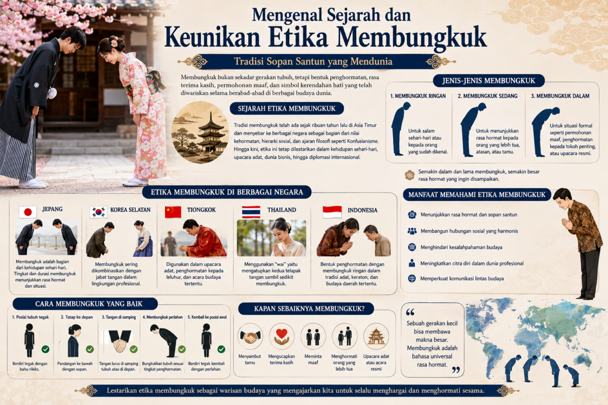 Infografis keunikan etika membungkuk yang menjelaskan sejarah, filosofi, jenis-jenis membungkuk, serta tata krama memberi penghormatan di berbagai negara seperti Jepang, Korea Selatan, Thailand, Tiongkok, dan Indonesia.
