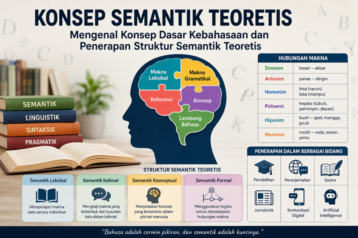 Konsep Semantik Teoretis: infografik tentang konsep dasar kebahasaan, struktur semantik teoretis, hubungan makna (sinonim, antonim, homonim, polisemi, hiponim, meronim), serta penerapannya dalam linguistik, pendidikan, komunikasi digital, dan artificial intelligence.