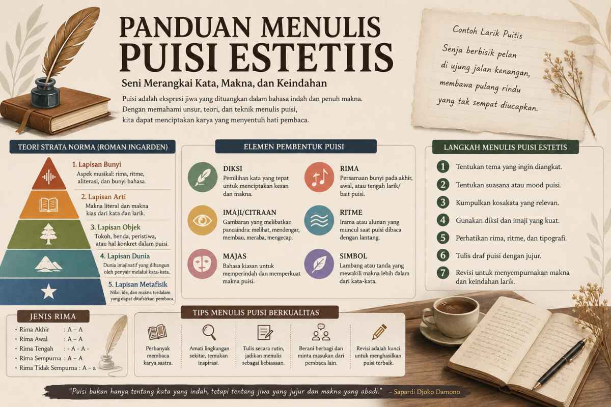 Panduan Menulis Puisi Estetis lengkap dengan teori strata norma, diksi, rima, ritme, majas, citraan, simbol, dan langkah menulis puisi berkualitas.