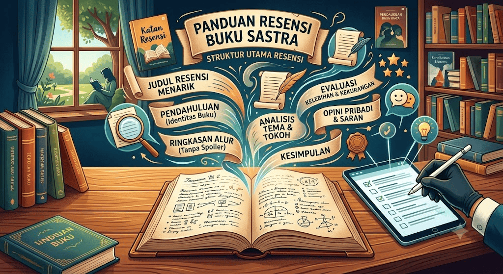 Infografis panduan resensi buku sastra menampilkan struktur utama penulisan kritik buku di atas meja kerja klasik