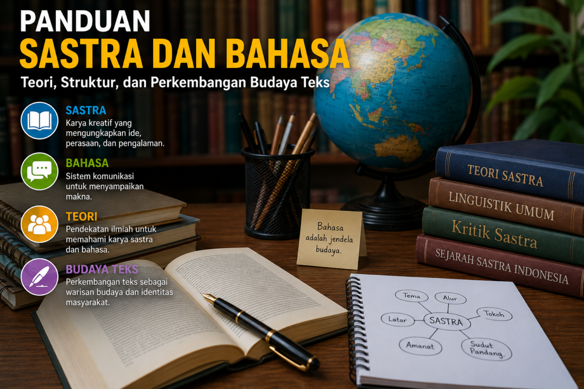 Panduan Sastra dan Bahasa menampilkan teori sastra, linguistik, budaya teks, dan struktur karya sastra dalam ilustrasi edukatif.