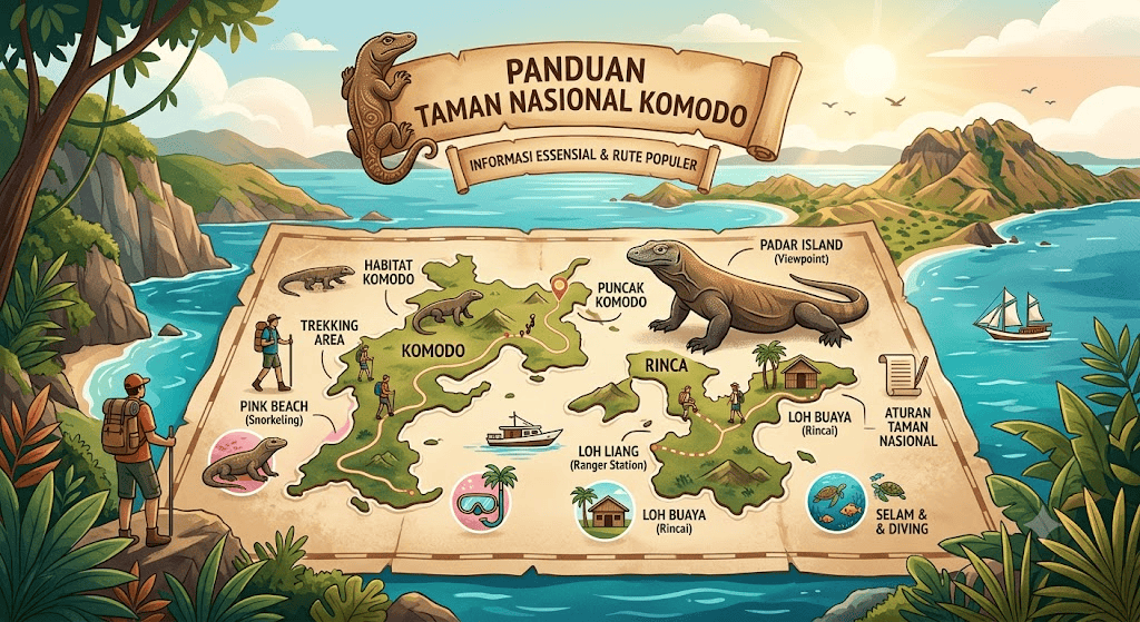 Ilustrasi peta panduan Taman Nasional Komodo menampilkan Pulau Rinca, Pulau Padar, rute trekking, dan habitat komodo