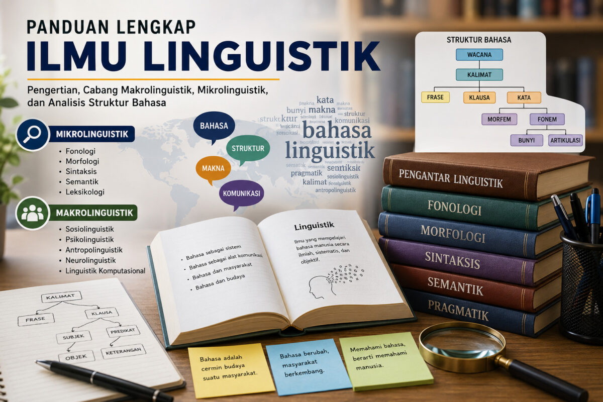 Ilustrasi Pengantar Ilmu Linguistik yang menampilkan cabang makrolinguistik, mikrolinguistik, fonologi, morfologi, sintaksis, semantik, dan analisis struktur bahasa.