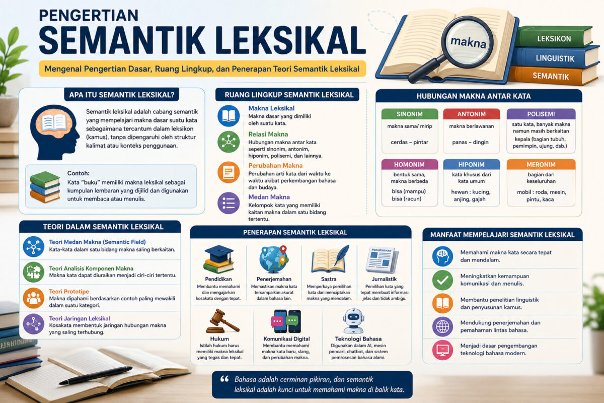 Pengertian Semantik Leksikal dalam bentuk infografik yang menjelaskan makna dasar kata, ruang lingkup kajian, teori semantik leksikal, hubungan makna antarkata, serta penerapannya dalam linguistik, pendidikan, penerjemahan, komunikasi digital, dan teknologi bahasa.