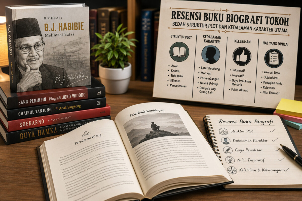 Resensi Buku Buku Biografi Tokoh dengan ilustrasi buku biografi, catatan analisis struktur plot, dan pendalaman karakter utama di atas meja belajar yang rapi.