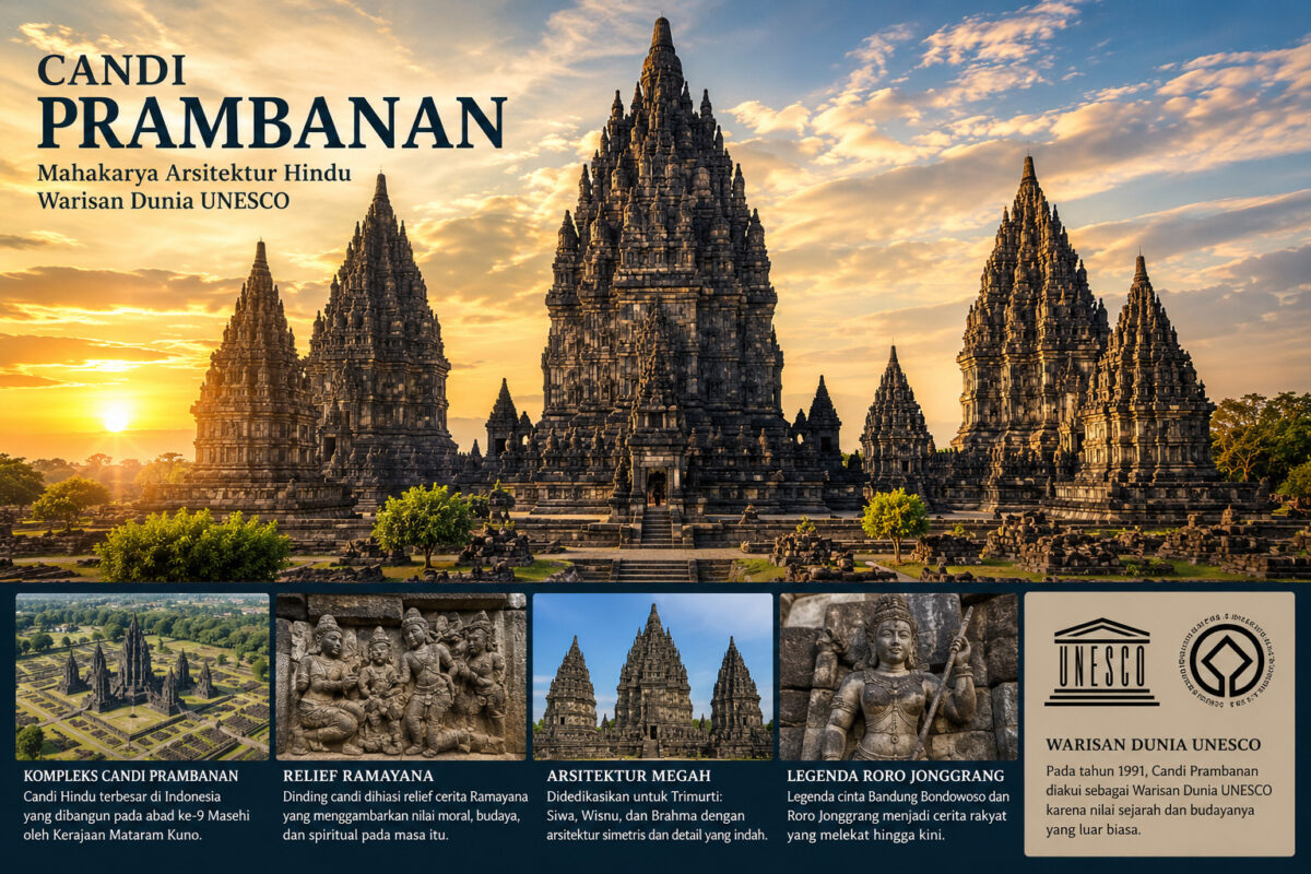 Sejarah Prambanan dengan panorama Candi Prambanan sebagai kompleks candi Hindu terbesar di Indonesia dan Warisan Dunia UNESCO.