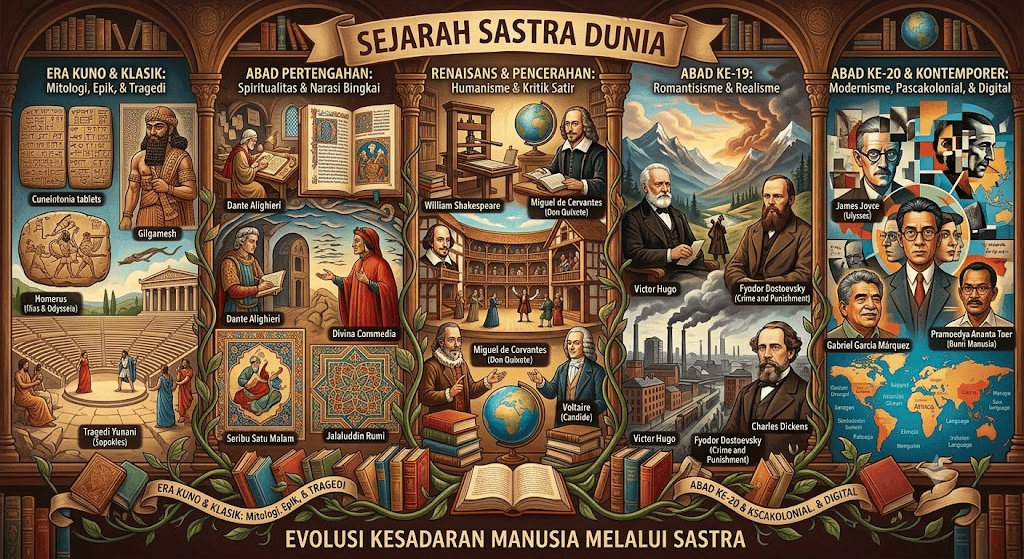 Infografis visual Sejarah Sastra Dunia menampilkan evolusi periodisasi sastra dari Era Kuno, Abad Pertengahan, Renaisans, hingga Abad ke-20 dan Kontemporer.