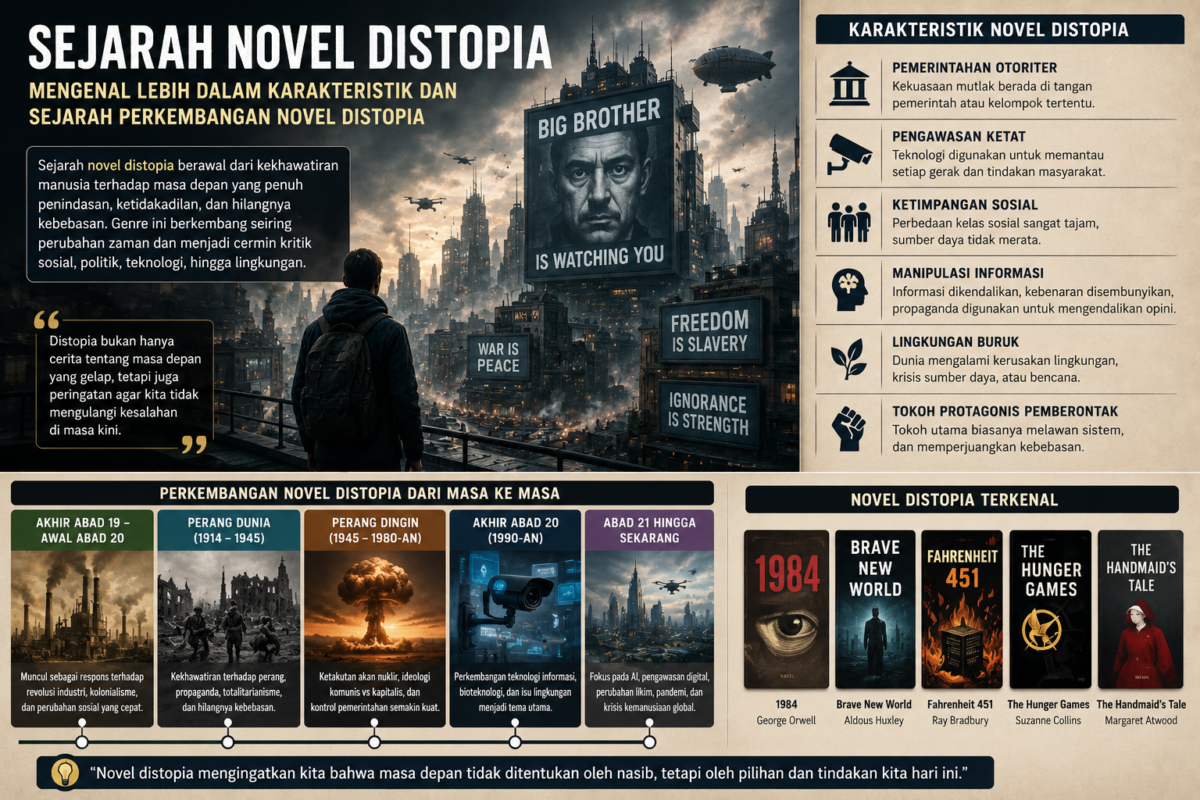 Infografik sejarah novel distopia yang menjelaskan perkembangan genre, karakteristik, serta contoh karya sastra distopia terkenal.