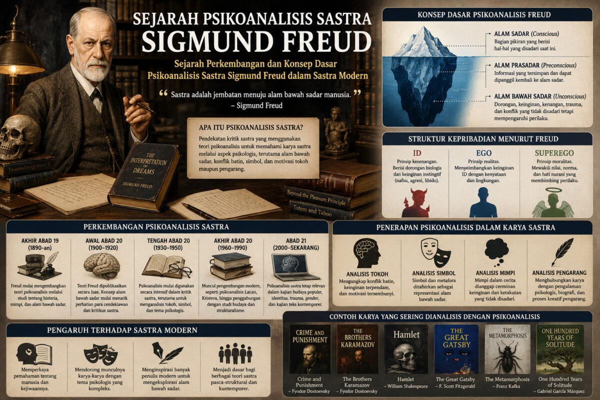 Infografik sejarah psikoanalisis sastra Sigmund Freud yang menampilkan konsep id, ego, superego, alam bawah sadar, dan penerapannya dalam kajian sastra modern.