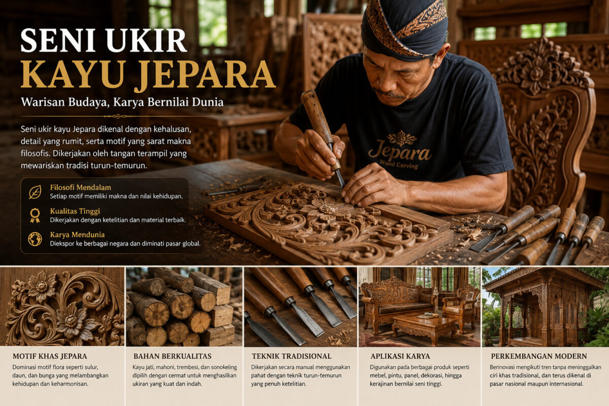 Pengrajin sedang membuat seni ukir kayu Jepara dengan motif flora khas menggunakan teknik pahat tradisional di bengkel ukir Jepara.