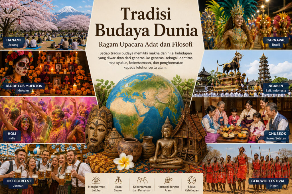 Ilustrasi Tradisi Budaya Dunia yang menampilkan berbagai upacara adat dan festival budaya dari berbagai negara, termasuk Hanami Jepang, Holi India, Día de los Muertos Meksiko, Carnaval Brasil, Oktoberfest Jerman, Chuseok Korea Selatan, Ngaben Bali, dan Gerewol Festival Niger sebagai simbol keberagaman budaya serta filosofi kehidupan masyarakat dunia.