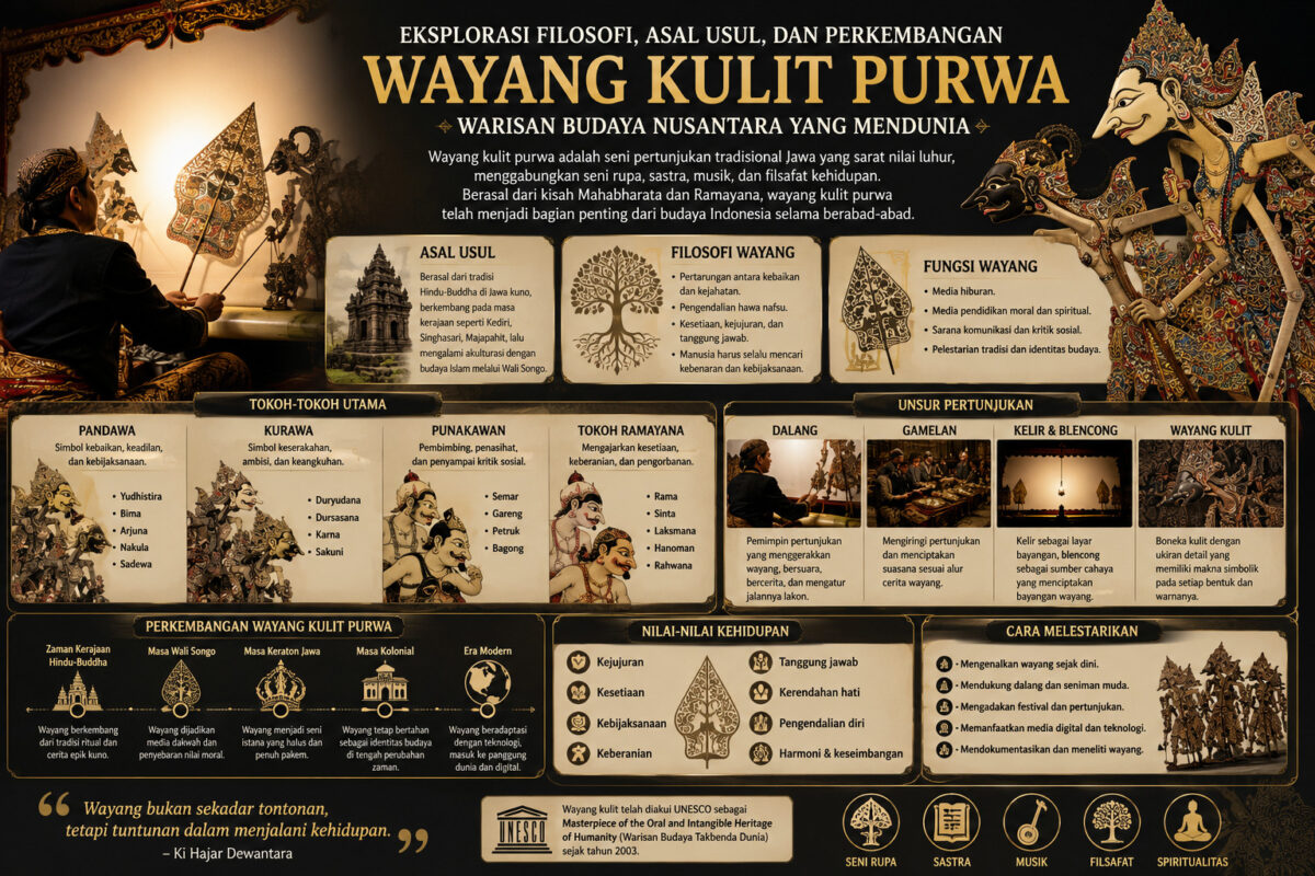 Ilustrasi wayang kulit purwa yang menampilkan dalang memainkan tokoh-tokoh Mahabharata dan Ramayana dengan iringan gamelan sebagai warisan budaya tradisional Indonesia.