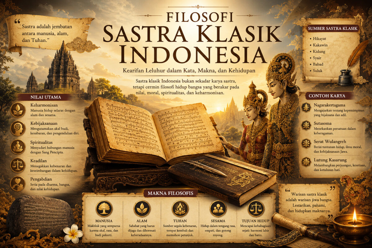 Ilustrasi Filosofi Sastra Klasik Indonesia menampilkan naskah kuno, tokoh budaya tradisional, candi, dan elemen khas Nusantara yang melambangkan nilai moral, kebijaksanaan, spiritualitas, serta warisan budaya Indonesia.