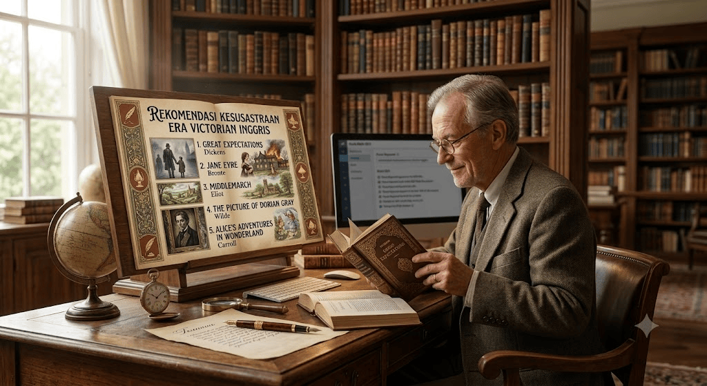 Seorang cendekiawan membaca buku klasik di meja kerja kayu perpustakaan era Victorian. Di meja terdapat bingkai display bertuliskan "Rekomendasi Kesusastraan Era Victorian Inggris" beserta daftar 5 karya terbaik: Great Expectations, Jane Eyre, Middlemarch, The Picture of Dorian Gray, dan Alice's Adventures in Wonderland. Suasana ruangan dipenuhi rak buku tebal, globe kuno, jam saku emas, dan jendela besar berlatar cahaya lembut.