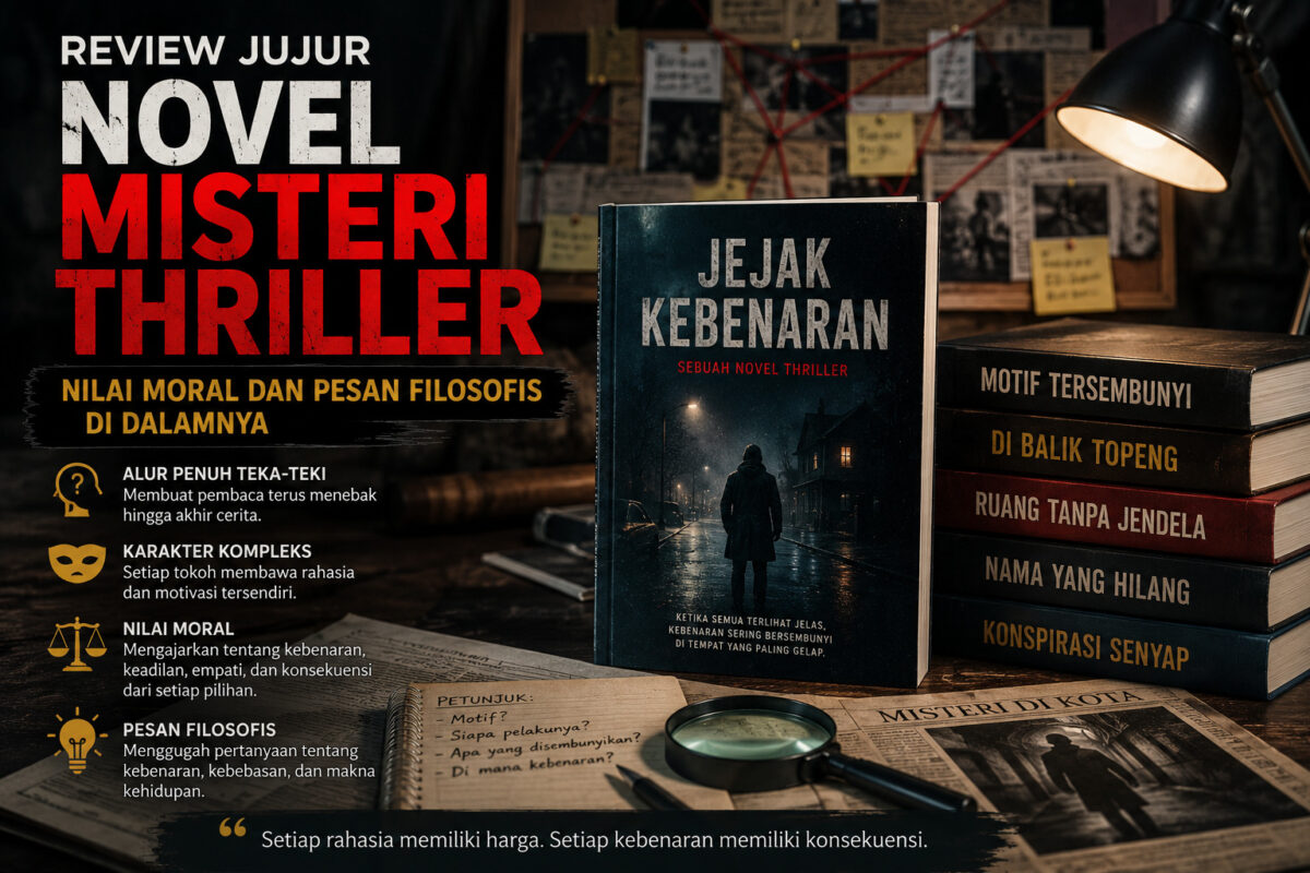 Ilustrasi review jujur novel misteri thriller dengan buku bergenre misteri, papan investigasi, kaca pembesar, dan suasana ruang detektif yang menggambarkan alur penuh teka-teki serta ketegangan psikologis.