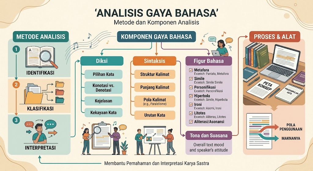 Infografis metode dan komponen analisis gaya bahasa yang mencakup diksi, sintaksis, figur bahasa, serta alur identifikasi dan interpretasi teks.