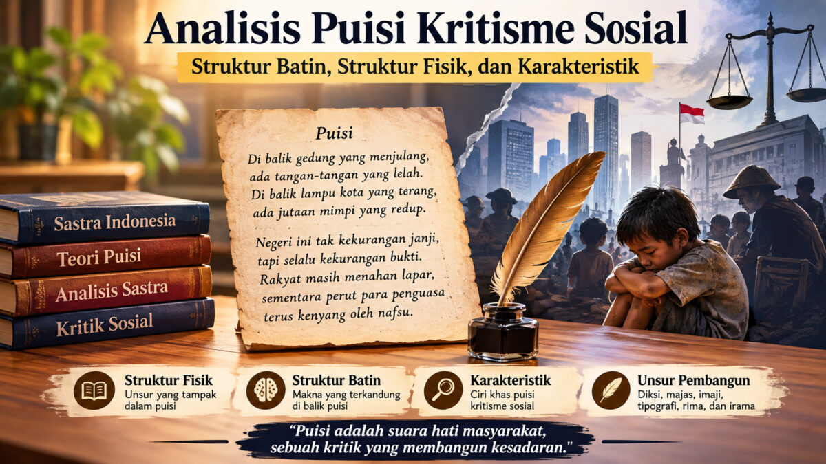 Analisis puisi kritisme sosial meliputi struktur batin, struktur fisik, karakteristik, dan unsur pembangun puisi sebagai media kritik sosial.