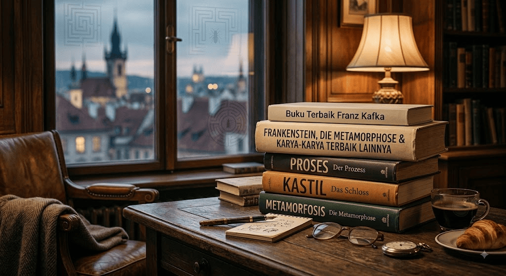 Sebuah foto estetik berwarna vintage dari sebuah meja belajar kayu kuno di dalam ruang baca yang nyaman. Tumpukan buku Franz Kafka menjadi fokus utama, dengan buku paling atas bertuliskan "Buku Terbaik Franz Kafka" dan buku-buku di bawahnya menampilkan judul "FRANKENSTEIN, DIE METAMORPHOSE & KARYA-KARYA TERBAIK LAINNYA", "PROSES", "KASTIL", dan "METAMORFOSIS". Di meja terdapat pena bulu kuno, kacamata baca, jam saku, dan kopi dengan croissant. Latar belakangnya menampilkan jendela dengan pemandangan kota Praha yang berkabut.