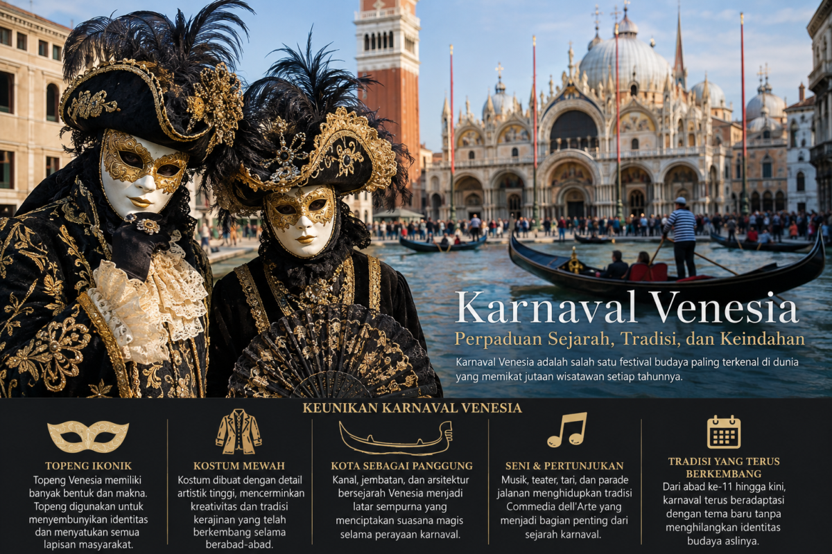 Keunikan karnaval Venesia dengan topeng tradisional, kostum mewah, gondola, dan arsitektur bersejarah