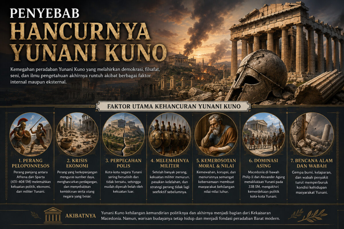 Infografik tentang penyebab hancurnya Yunani Kuno yang menampilkan reruntuhan kuil Yunani, peperangan, krisis politik, dominasi Makedonia, dan faktor-faktor yang menyebabkan runtuhnya peradaban Yunani.