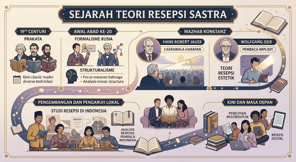Sebuah infografis pendidikan berwarna krem yang merinci sejarah Teori Resepsi Sastra. Di bagian atas terdapat judul "SEJARAH TEORI RESEPSI SASTRA". Garis waktu visual dimulai dari abad ke-19, bergerak ke Formalisme Rusia dan Strukturalisme di awal abad ke-20. Panel utama menyoroti Mazhab Konstanz dengan potret Hans Robert Jauss dan konsep "Cakrawala Harapan", serta Wolfgang Iser dengan konsep "Pembaca Implisit". Bagian bawah menampilkan pengembangan di Indonesia dengan judul "STUDI RESEPSI DI INDONESIA" dan ilustrasi pembaca berbatik. Bagian akhir menunjukkan era modern dengan judul "KINI DAN MASA DEPAN", menampilkan orang-orang yang membaca di perangkat digital dan teks "RESEPSI DIGITAL" serta "PENELITIAN MULTIDISIPLIN". Gaya gambar adalah ilustrasi digital bersih dengan aksen garis cahaya.