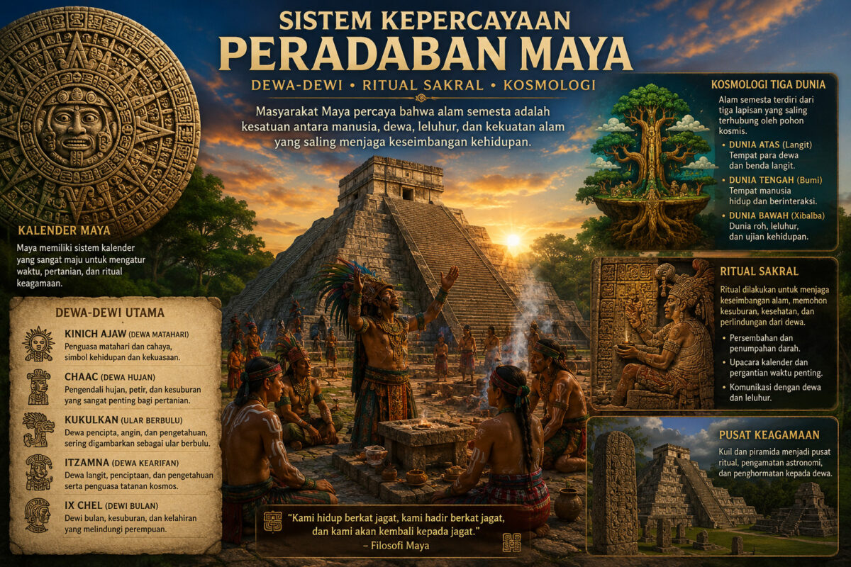 Sistem kepercayaan peradaban Maya dengan dewa-dewi, ritual sakral, kalender Maya, dan kosmologi