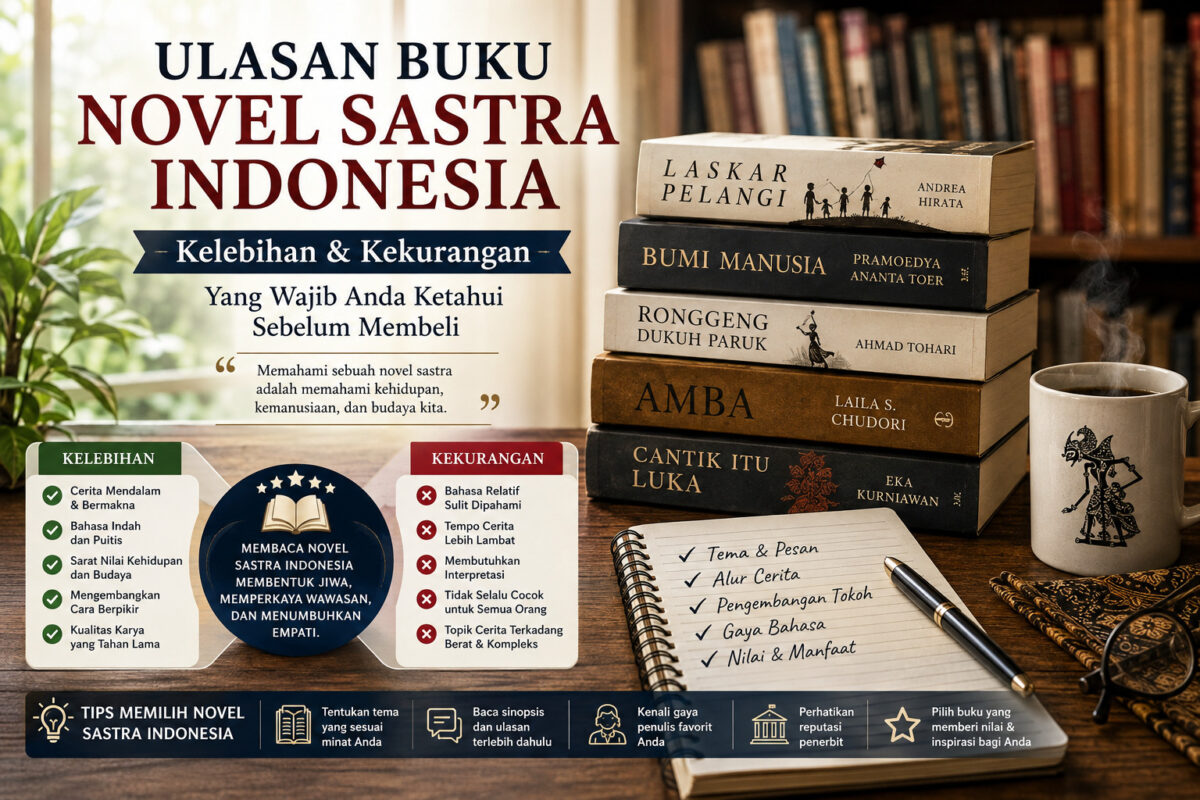 Ilustrasi Ulasan Buku Novel Sastra Indonesia yang menampilkan koleksi novel sastra Indonesia, ruang baca yang nyaman, serta infografis mengenai kelebihan, kekurangan, dan tips memilih novel sebelum membeli.