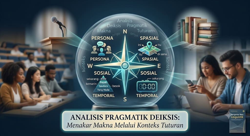 Diagram visual analisis pragmatik deiksis menampilkan kompas origo dengan kategori persona, spasial, temporal, dan sosial dalam konteks ilmu linguistik.