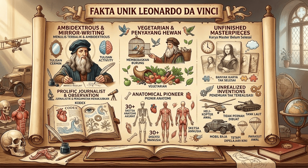 Infografis bergaya manuskrip Renaisans yang merangkum fakta unik Leonardo da Vinci, termasuk kemampuan menulis cermin, gaya hidup vegetarian, pembedahan anatomi, dan sketsa penemuan futuristik.