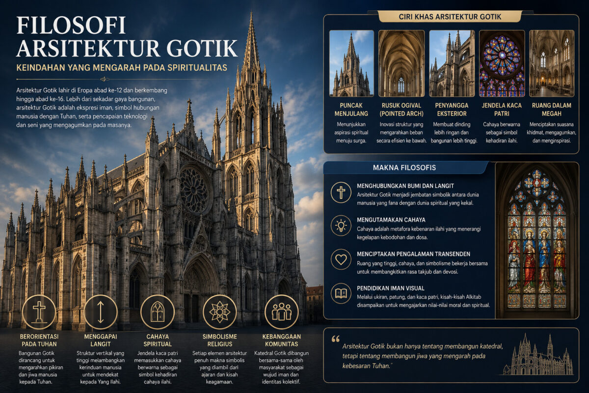 Ilustrasi interior katedral Gotik bernuansa klasik dengan lengkungan runcing (pointed arches), kubah bersilang (ribbed vaults), dan jendela kaca patri (stained glass window) raksasa yang ditembus sinar matahari.