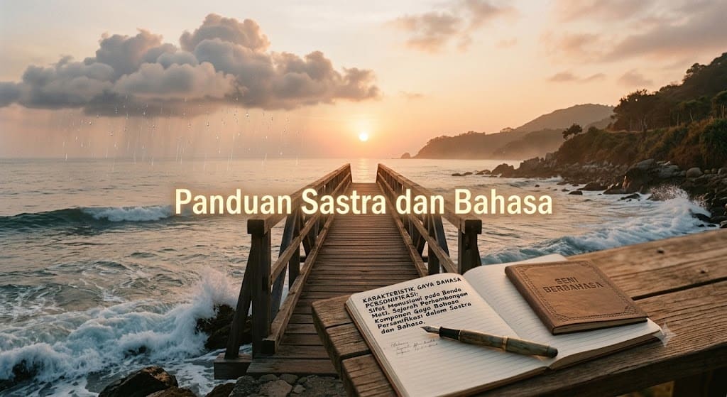 Ilustrasi visual karakteristik gaya bahasa personifikasi dengan latar buku terbuka di dermaga pantai, menggambarkan seni berbahasa dan sastra.