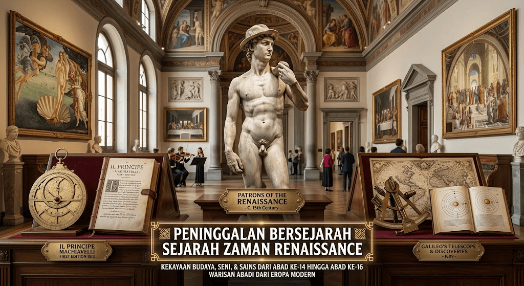 Pameran museum megah berisi peninggalan bersejarah zaman Renaissance, menampilkan patung marmer klasik di tengah, lukisan dinding klasik, naskah kuno Il Principe karya Machiavelli, astrolabe kuno, dan teleskop Galileo dengan teks overlay bertuliskan "PENINGGALAN BERSEJARAH SEJARAH ZAMAN RENAISSANCE".