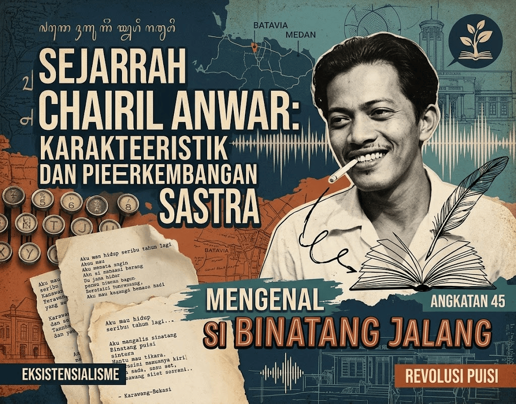 Sebuah poster bergaya kolase retro atau vintage berwarna biru tua dan sepia yang didedikasikan untuk penyair Indonesia, Chairil Anwar. Gambar tersebut menampilkan foto Chairil Anwar yang tersenyum dengan rokok di mulutnya di sisi kanan. Di sisi kiri terdapat judul besar "SEJARAH CHAIRIL ANWAR: KARAKTERISTIK DAN PERKEMBANGAN SASTRA". Di bagian bawah terdapat tulisan "MENGENAL SI BINATANG JALANG". Kolase ini juga menampilkan peta Batavia-Medan, tombol-tombol mesin tik jadul, tumpukan kertas sajak dengan kutipan puisi seperti 'Aku' dan 'Karawang-Bekasi', sebuah buku terbuka dengan pena bulu, serta label "ANGKATAN '45", "EKSISTENSIALISME", dan "REVOLUSI PUISI".