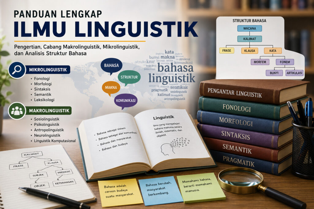 Ilustrasi Pengantar Ilmu Linguistik yang menampilkan cabang makrolinguistik, mikrolinguistik, fonologi, morfologi, sintaksis, semantik, dan analisis struktur bahasa.