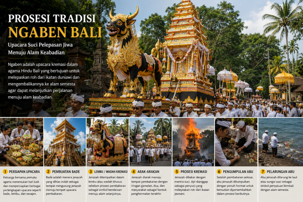 Rangkaian prosesi tradisi Ngaben Bali yang menampilkan bade, lembu, arak-arakan upacara, sesajen, dan ritual keagamaan Hindu Bali sebagai warisan budaya Indonesia.