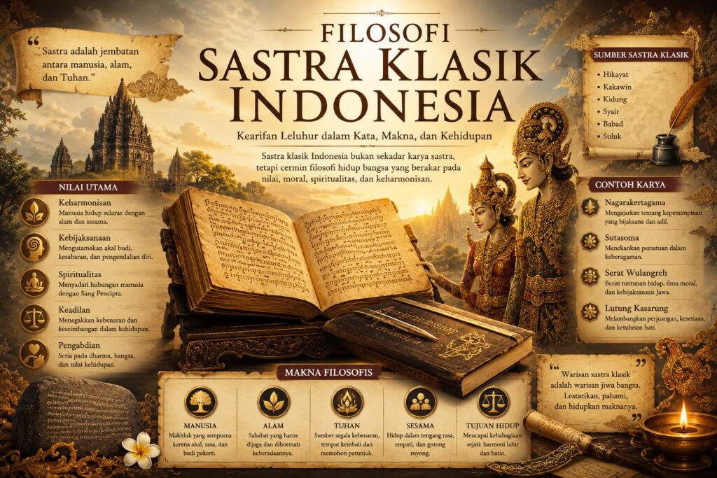 Ilustrasi Filosofi Sastra Klasik Indonesia menampilkan naskah kuno, tokoh budaya tradisional, candi, dan elemen khas Nusantara yang melambangkan nilai moral, kebijaksanaan, spiritualitas, serta warisan budaya Indonesia.