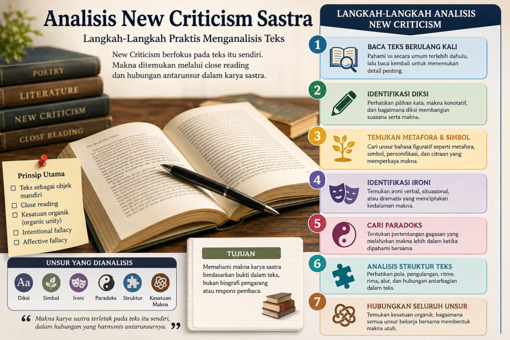 Infografis analisis New Criticism sastra dengan langkah close reading, diksi, simbol, ironi, paradoks, struktur teks, dan kesatuan makna.
