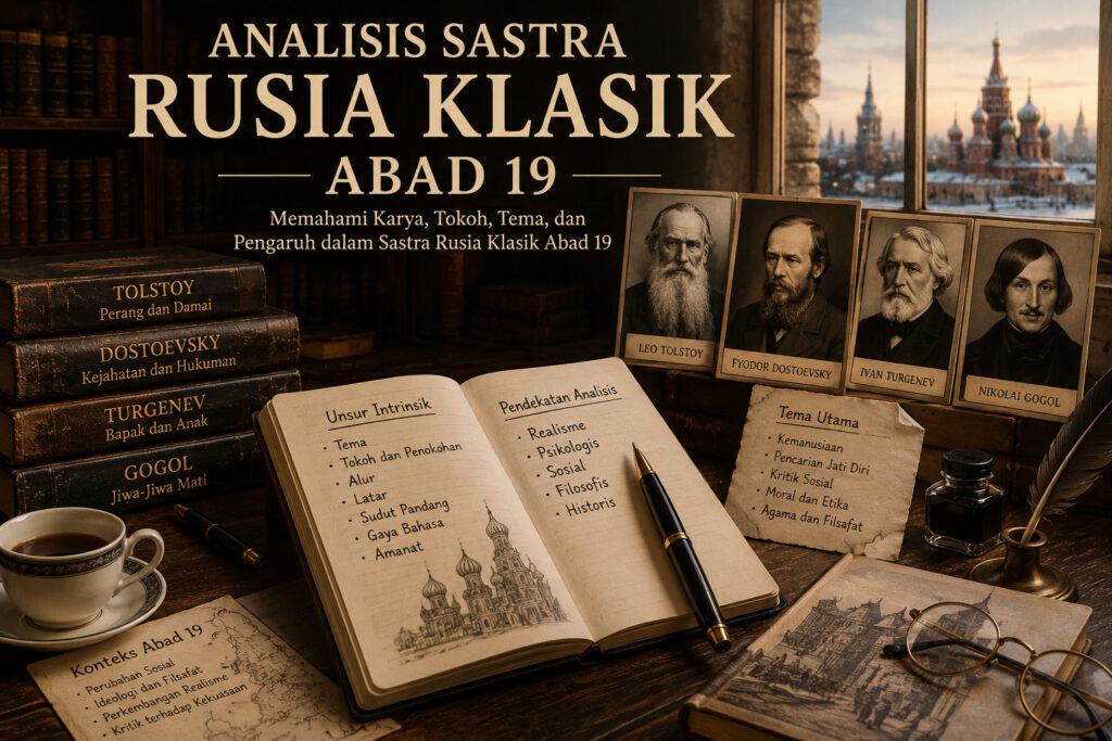 Gambar konsep analisis sastra rusia klasik abad 19 yang memperlihatkan ruangan perpustakaan klasik bertema abad ke-19 dengan buku-buku berpenjilid kulit tebal, naskah kuno, pena bulu, cangkir teh di dekat jendela berembun musim dingin, serta bayangan lukisan klasik Dostoevsky dan Tolstoy di latar belakang.