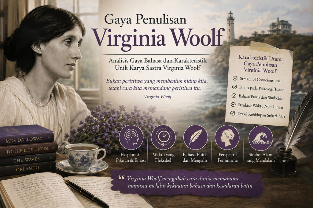 Ilustrasi Gaya Penulisan Virginia Woolf yang menampilkan potret Virginia Woolf, buku-buku karyanya, dan elemen sastra modern sebagai representasi karakteristik unik gaya bahasa serta teknik narasi stream of consciousness.