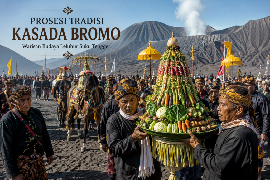 Prosesi Tradisi Kasada Bromo dengan masyarakat Tengger membawa sesaji di Gunung Bromo