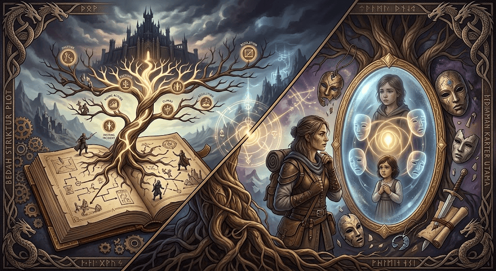 Ilustrasi konseptual gaya fantasi epik dengan bingkai ornamen naga. Sisi kiri memperlihatkan buku grimoire tua terbuka dengan diagram pohon bercahaya yang menggambarkan cabang struktur plot menuju kastil di kegelapan. Sisi kanan memperlihatkan pejuang wanita yang menatap cermin magis, menampilkan refleksi perkembangan karakter dan topeng-topeng psikologis di sekitarnya.