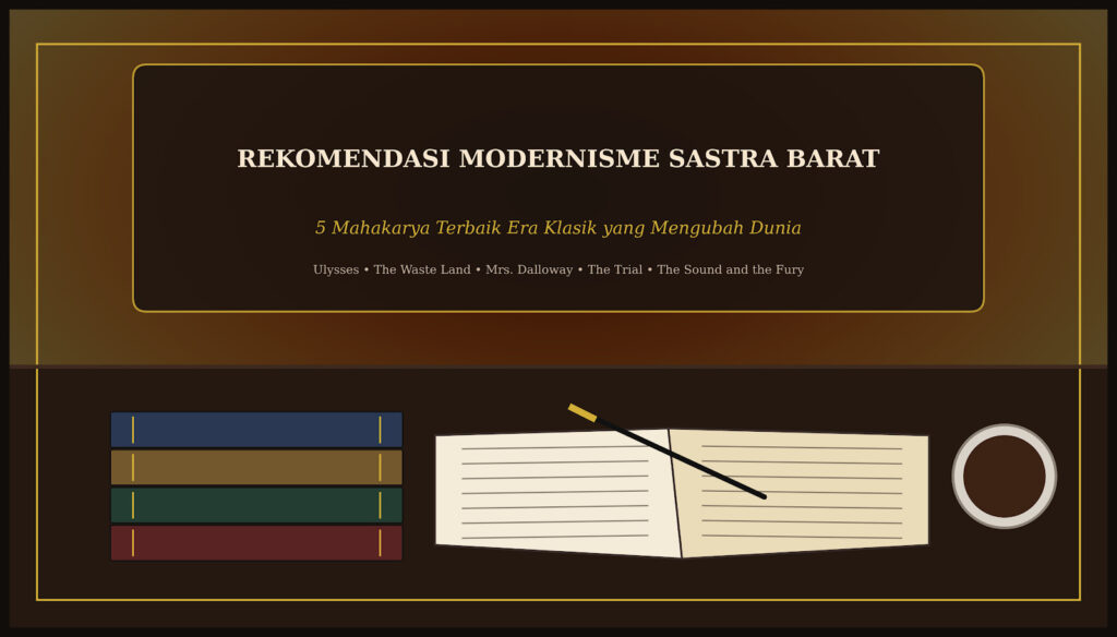 Buku klasik dan naskah tua di atas meja kayu untuk artikel rekomendasi modernisme sastra barat